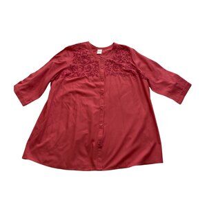 Blair Coral Floral Embroidered Front 3/4 Sleeve Tunic Top Size XL  pink